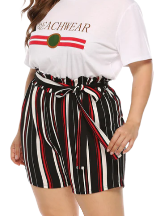 Plus Size Black/Red Striped Bowknot Tie Loose Shorts Casual Palazzo Pants