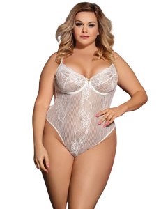 Plus Size White Glamour Underwire Hollywood Sheer Lace Teddy With Steel Ring