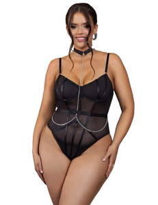 Black Mesh Chain Suspender Bodysuit Plus Curvves