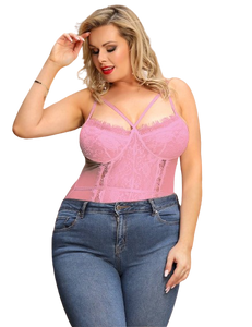 Lace Openable Crotch Plus Size Pink Bodysuit Without Underwire
