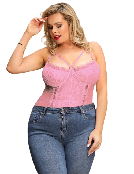 Lace Openable Crotch Plus Size Pink Bodysuit Without Underwire