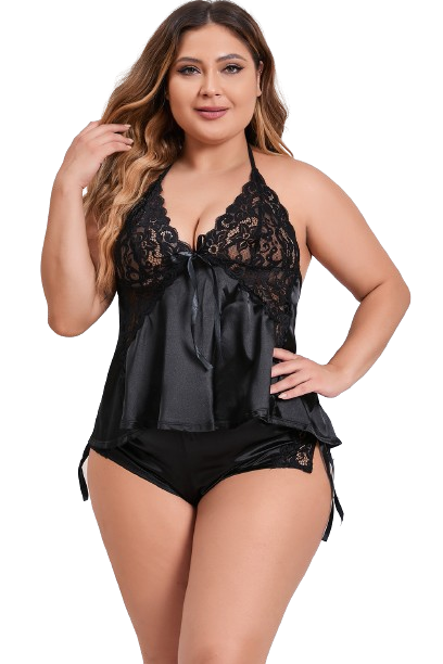 Black Sexy Lace Bow Halter Backless Plus Size Babydoll Set
