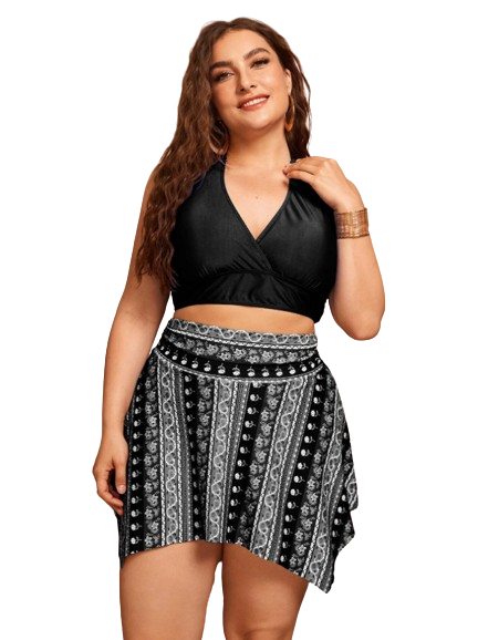 Plus Floral Striped Halter Bikini Swimsuit With Beach Skirt Black