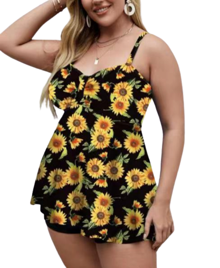 Plus Size Floral Print Swim Dress With Shorts Yellow Print