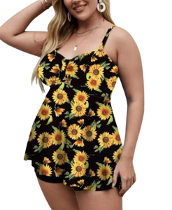 Plus Size Floral Print Swim Dress With Shorts Yellow Print