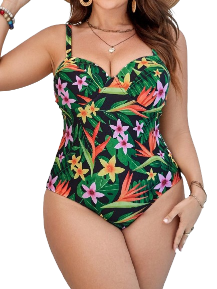 Plus Tropical Print Push Up One Piece Swimsuit New Green