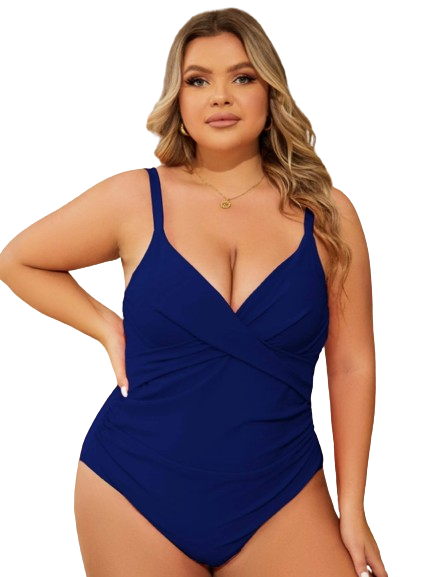 Plus Solid Ruched Wrap Cross One Piece Swimsuit Blue