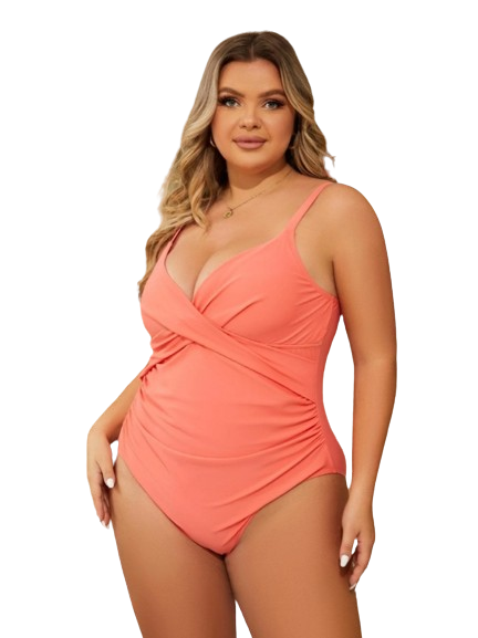 Plus Solid Ruched Wrap Cross One Piece Swimsuit Orange