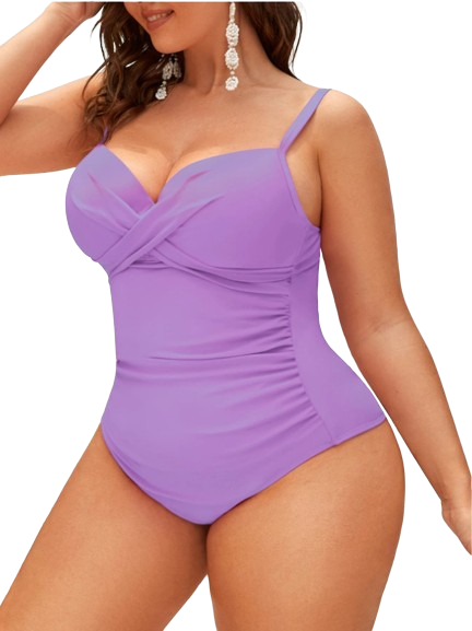 Plus Ruched Wrap Cross Push Up One Piece Swimsuit Purple