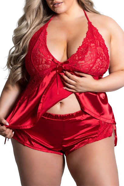 Fiery Red Sexy Lace Bow Halter Backless Plus Size Babydoll Set