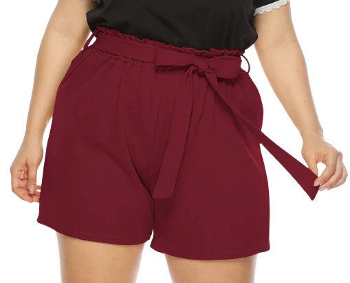 Plus Size Wine Red Solid Bowknot Tie Loose Shorts
