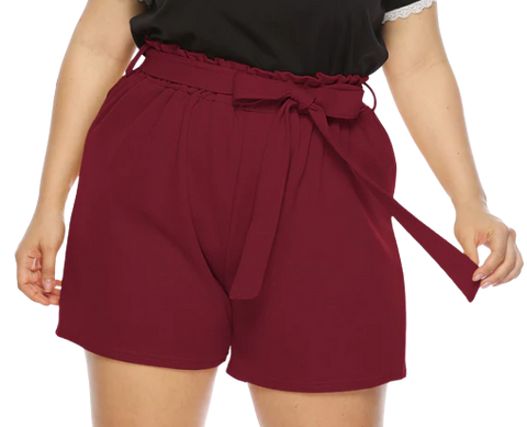 Plus Size Wine Red Solid Bowknot Tie Loose Shorts