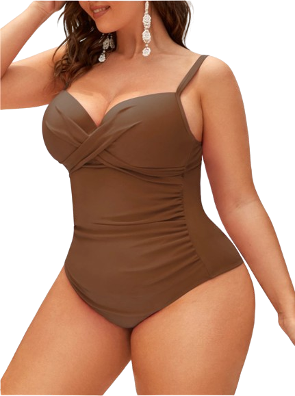 Plus Ruched Wrap Cross Push Up One Piece Swimsuit Brown