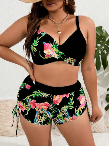 Plus Tropical Print Push Up Bikini Swimsuit Black