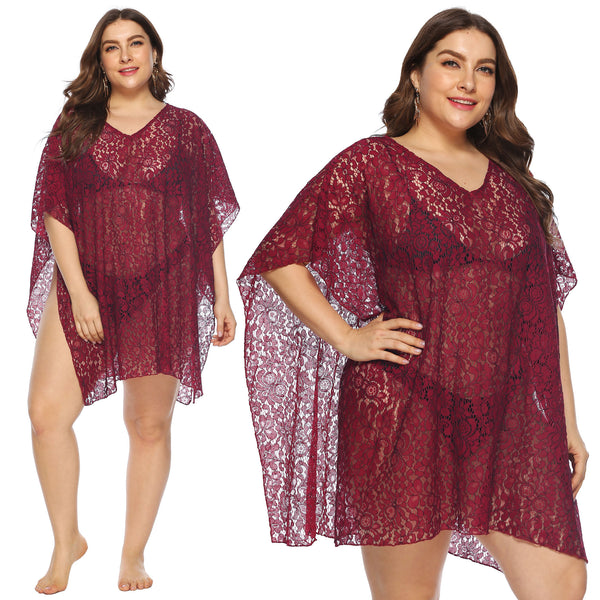Plus Size Beachwear Cover Up Wine Red Color