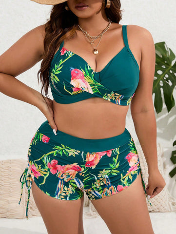 Plus Tropical Print Push Up Bikini Swimsuit Dark Green