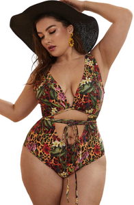 Plus Leopard & Floral Print Lace Up One Piece Swimsuit