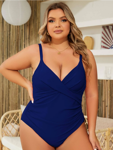 Plus Solid Ruched Wrap Cross One Piece Swimsuit Blue