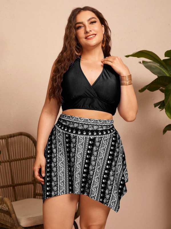 Plus Floral Striped Halter Bikini Swimsuit With Beach Skirt Black