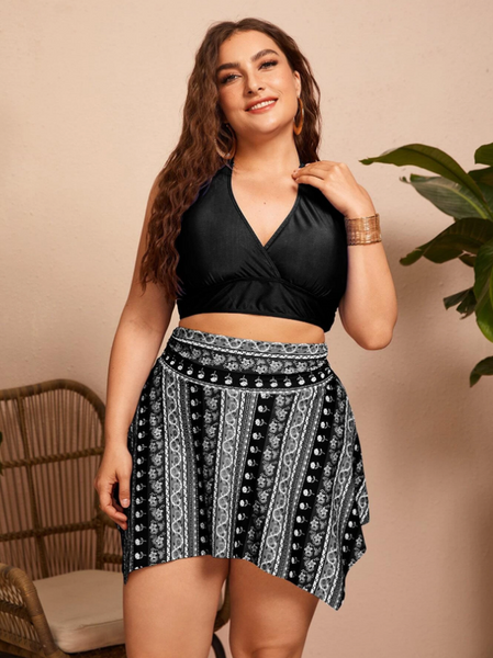 Plus Floral Striped Halter Bikini Swimsuit With Beach Skirt Black