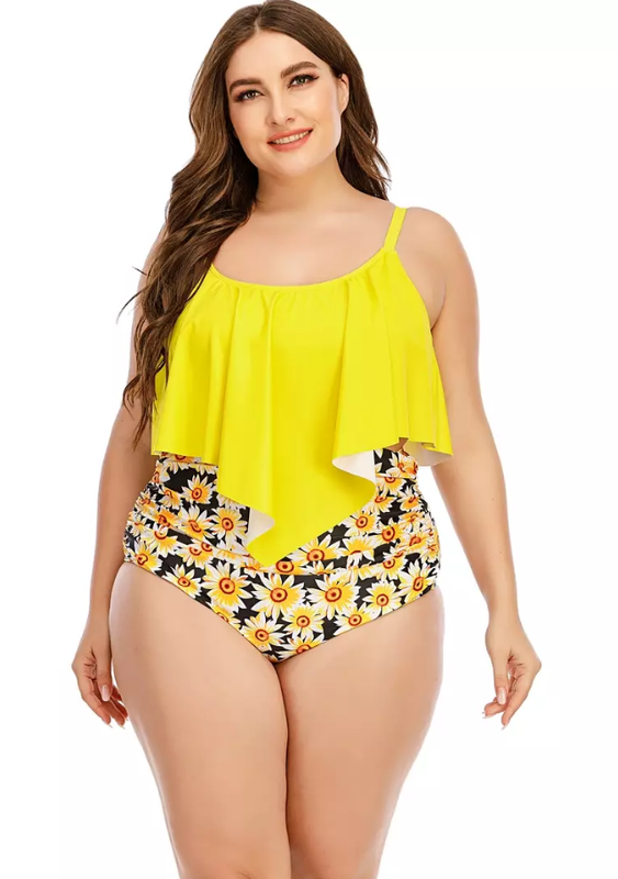 Plus Size High Waist Floral Printed Two Piece Yellow