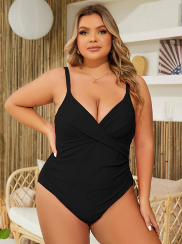 Plus Solid Ruched Wrap Cross One Piece Swimsuit Black