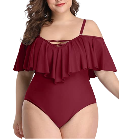 Plus Size Swimwear Red Color Ruffled One-piece Set Off-the
