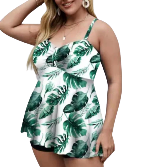 Plus Size Floral Print Swim Dress With Shorts White Print