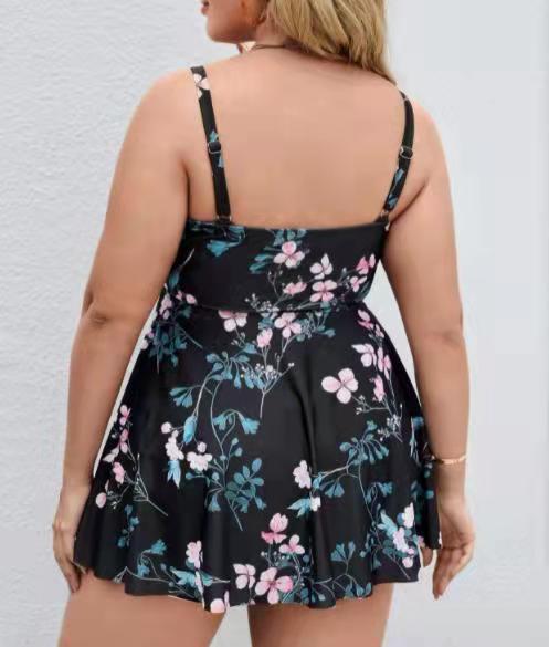 Plus Size Floral Print Swim Dress With Shorts Black