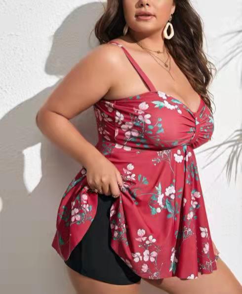 Plus Size Floral Print Swim Dress With Shorts Red