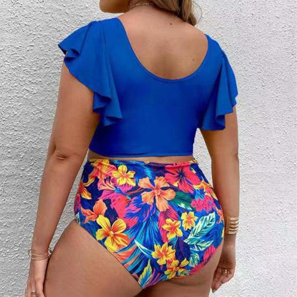 Plus Size Blue Floral Tropical Print Ruffle Sleeve High Waist Bikini