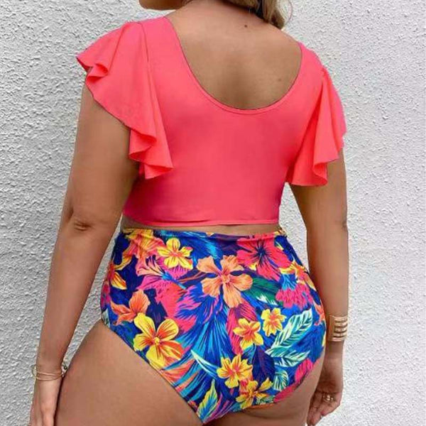 Plus Size Pink Floral Tropical Print Ruffle Sleeve High Waist Bikini