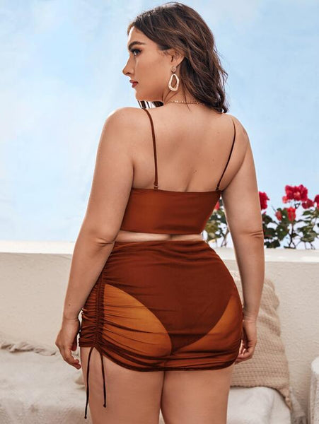 3 Piece Brown Plus High Waisted Bikini Swimsuit & Drawstring Cover Up