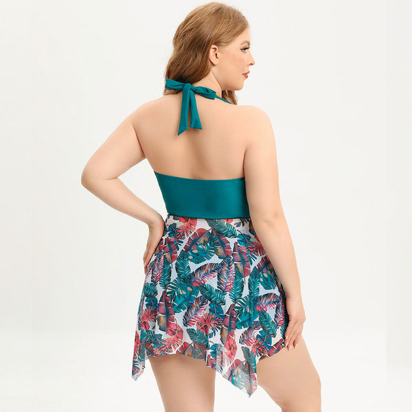 Tropical Print Peacock Blue Ring Linked Halter Swim Dress With Shorts