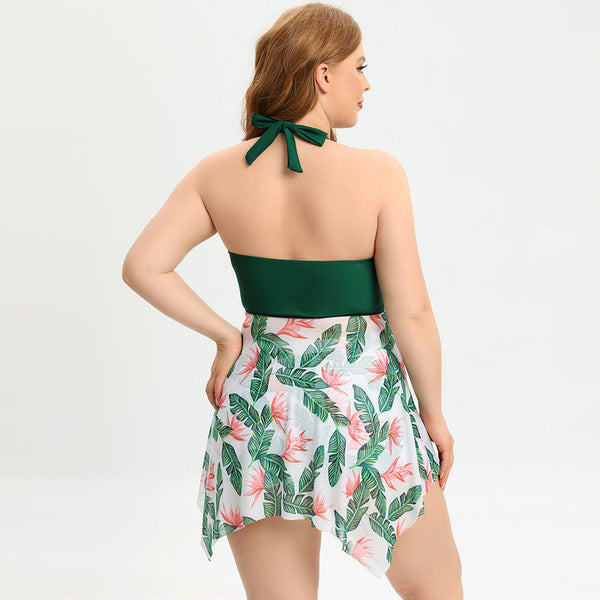Tropical Print Green Ring Linked Halter Swim Dress With Shorts