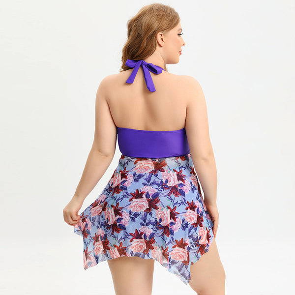 Tropical Print Purple Ring Linked Halter Swim Dress With Shorts