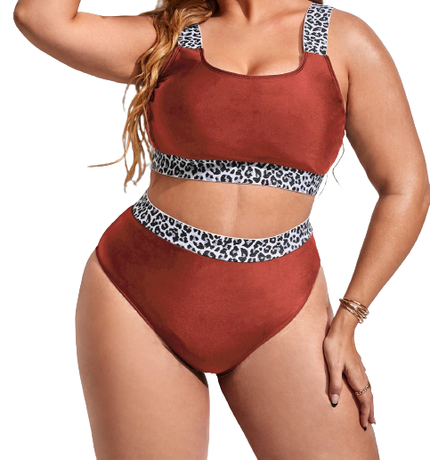 Plus Size Leopard Strap High Waist Swimsuit Red