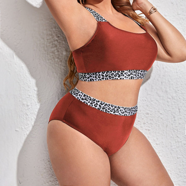 Plus Size Leopard Strap High Waist Swimsuit Red