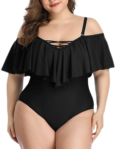 Plus Size Swimwear Black Color Ruffled One-piece Set Off-the-shoulder