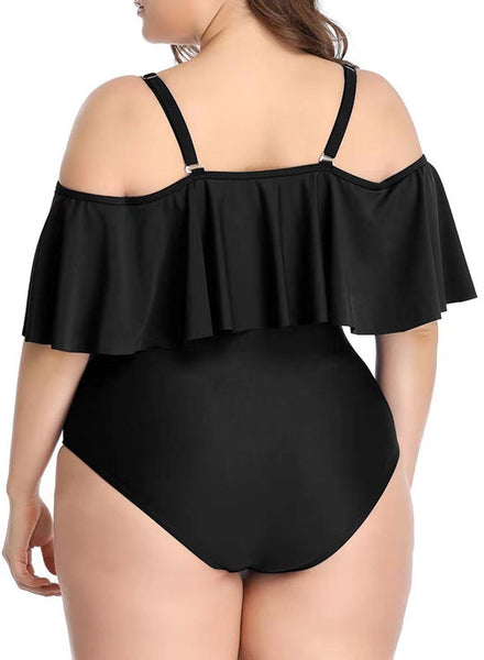 Plus Size Swimwear Black Color Ruffled One-piece Set Off-the-shoulder