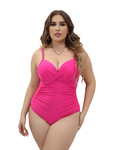 Plus Ruched Wrap Cross Push Up One Piece Swimsuit Pink