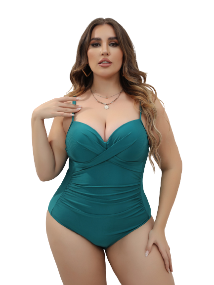 Plus Ruched Wrap Cross Push Up One Piece Swimsuit Green