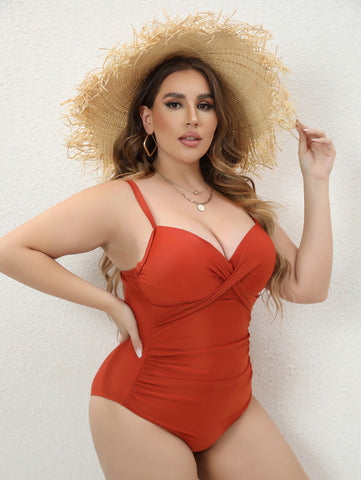 Plus Ruched Wrap Cross Push Up One Piece Swimsuit Rust Orange