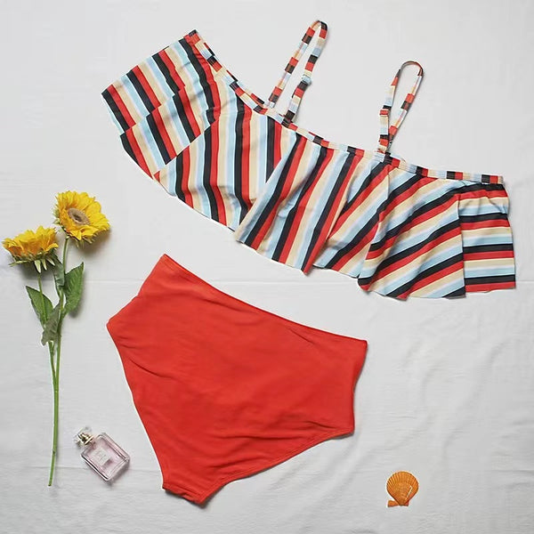 Plus Striped Orange Flounce High Waisted Bikini Swimsuit