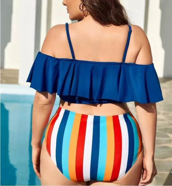 Plus Striped Blue Flounce High Waisted Bikini Swimsuit