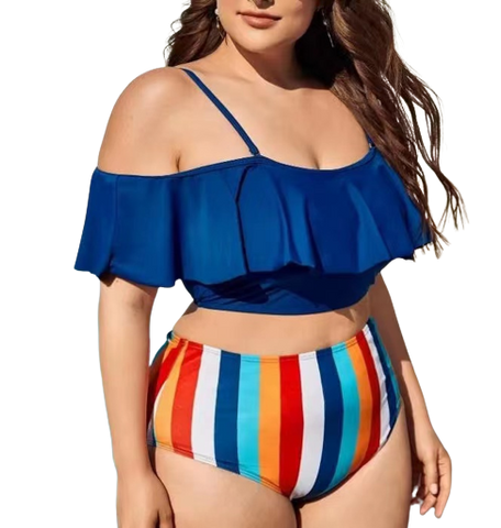 Plus Striped Blue Flounce High Waisted Bikini Swimsuit