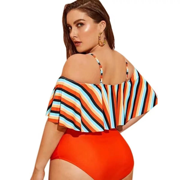 Plus Striped Orange Flounce High Waisted Bikini Swimsuit