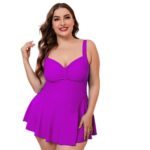 Plus Size Purple Gathered Detail Swim Dress