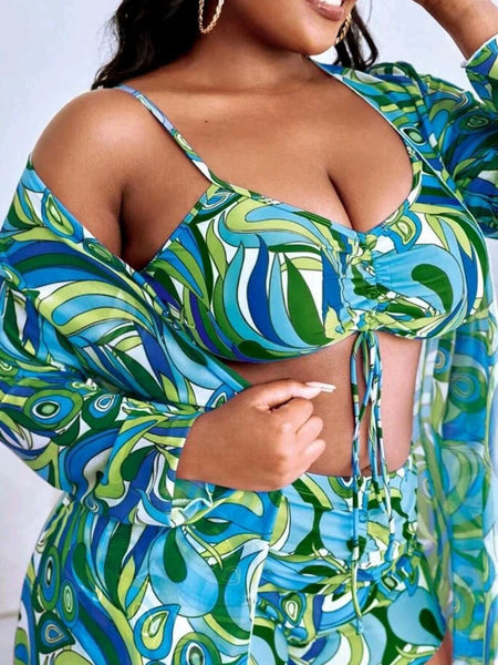 Plus Size 3-Piece Tropical Print Drawstring Bikini Set With Matching Cover-Up