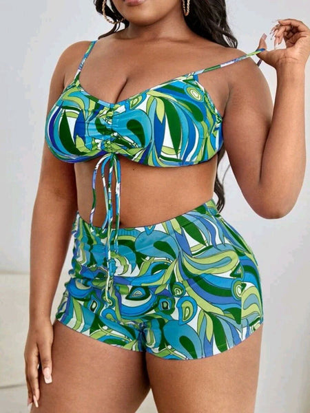 Plus Size 3-Piece Tropical Print Drawstring Bikini Set With Matching Cover-Up